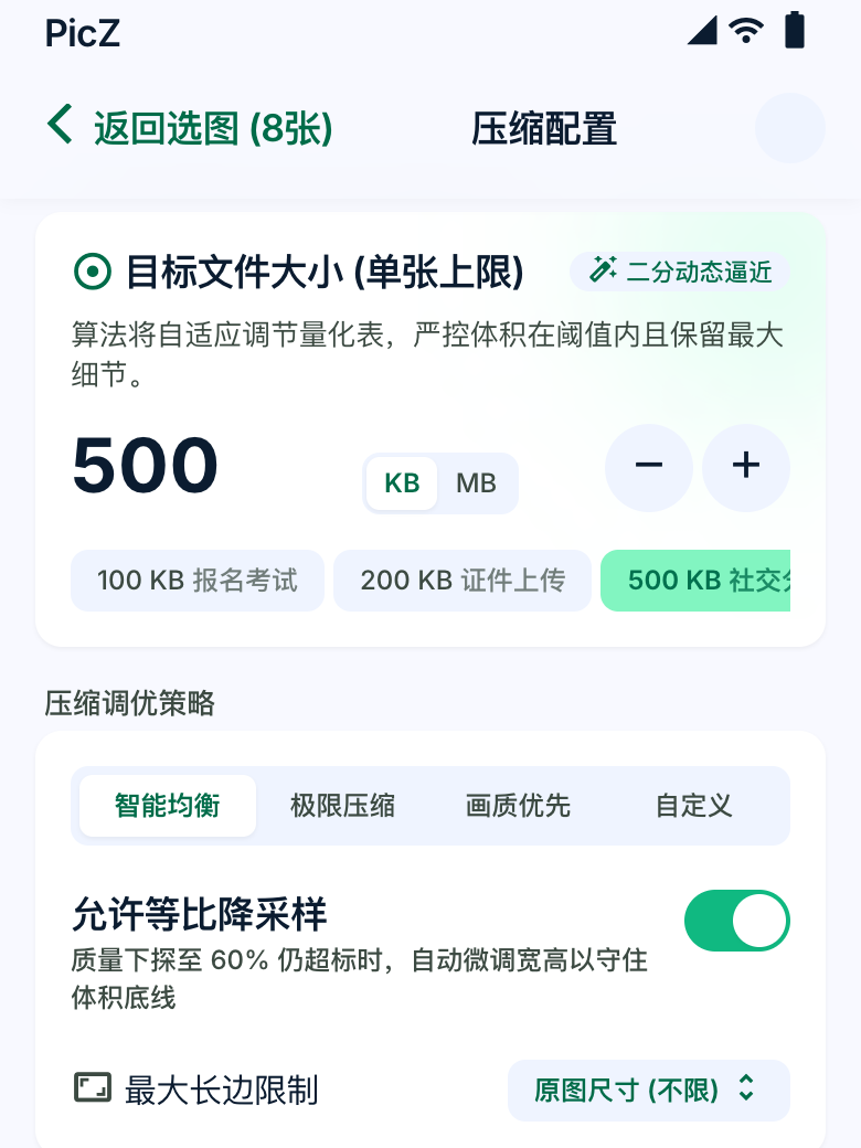 压缩配置界面：目标体积、策略与元数据开关